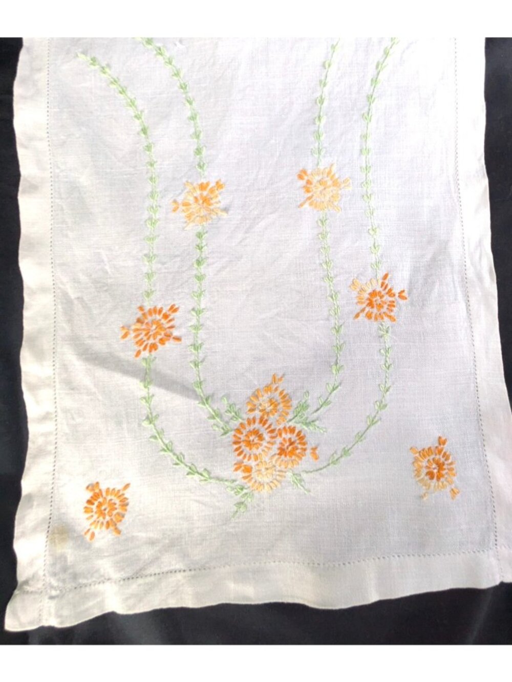 Vtg Linen Table Runner Dresser Scarf Orange Floral Embroidery on White 38x13.5"